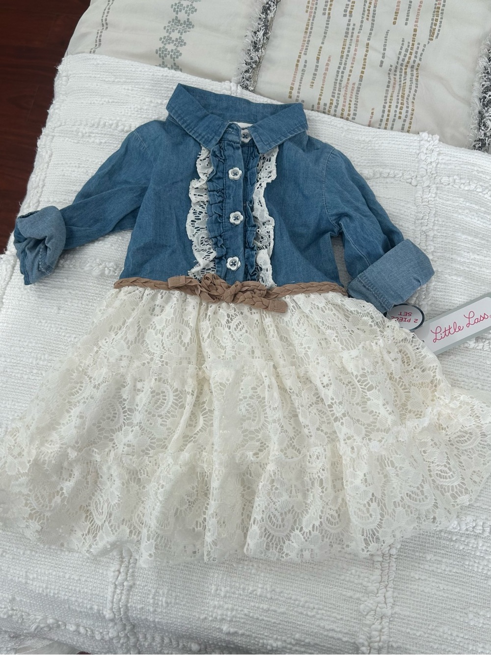 Little Lass Blue Denim-Style Jacket with Cream Lace Skirt